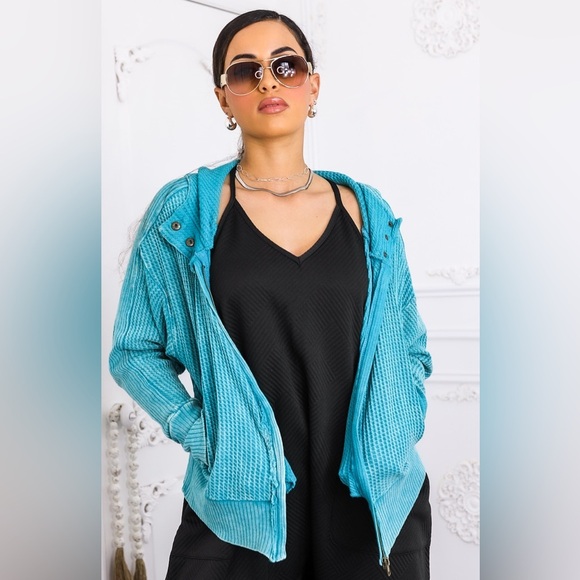 Teal Waffle Knit Zip-Up Hoodie - Picture 4 of 5